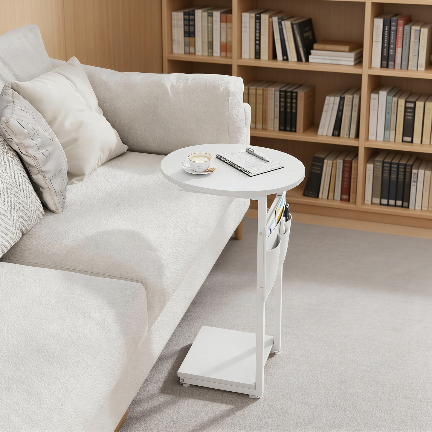 C-Shaped Slide Under Sofa Side Table with Storage Pockets, Compact End Table for Living Room Bedroom