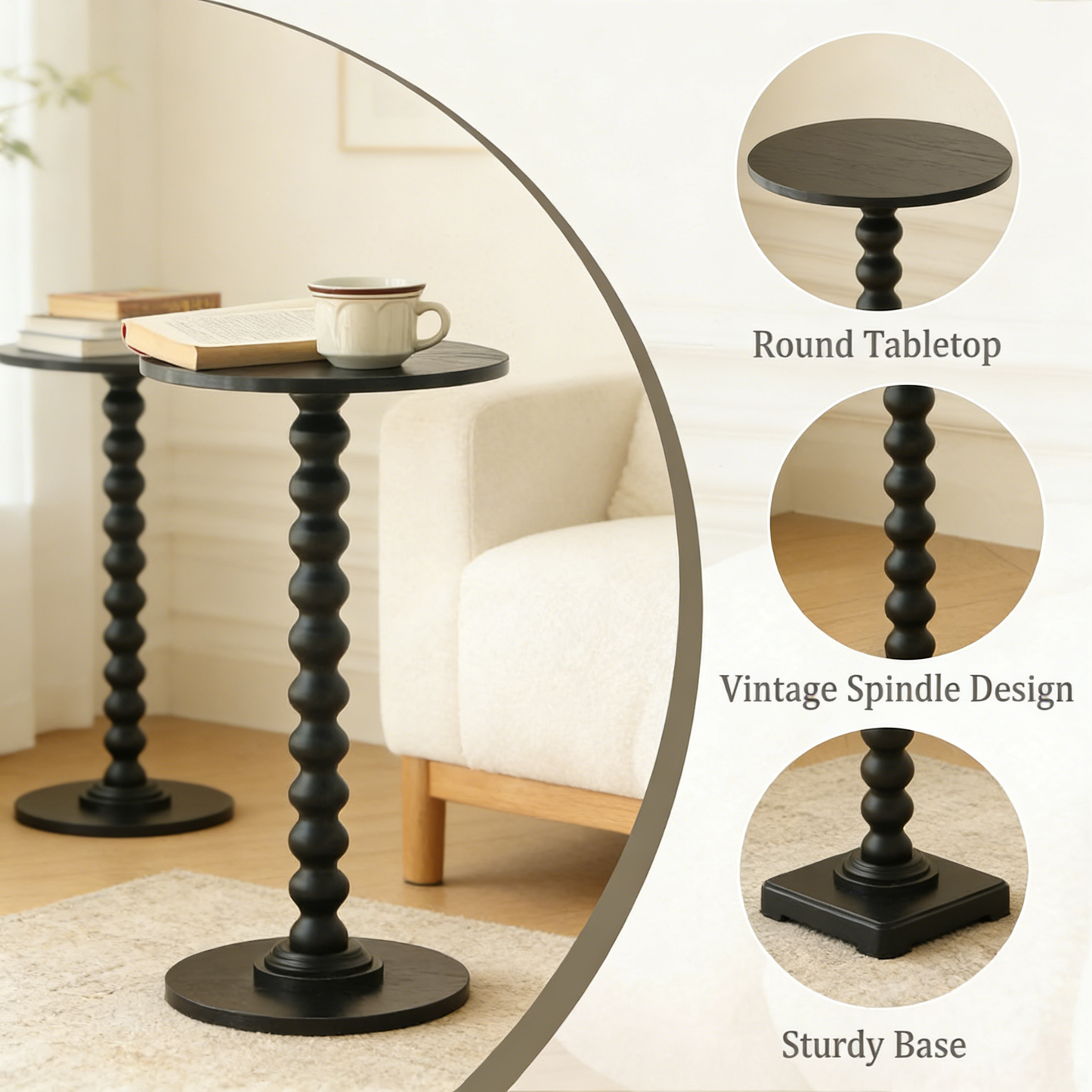 Vintage Spindle Pedestal Side Table, Waterproof Round Accent Table for Small Spaces