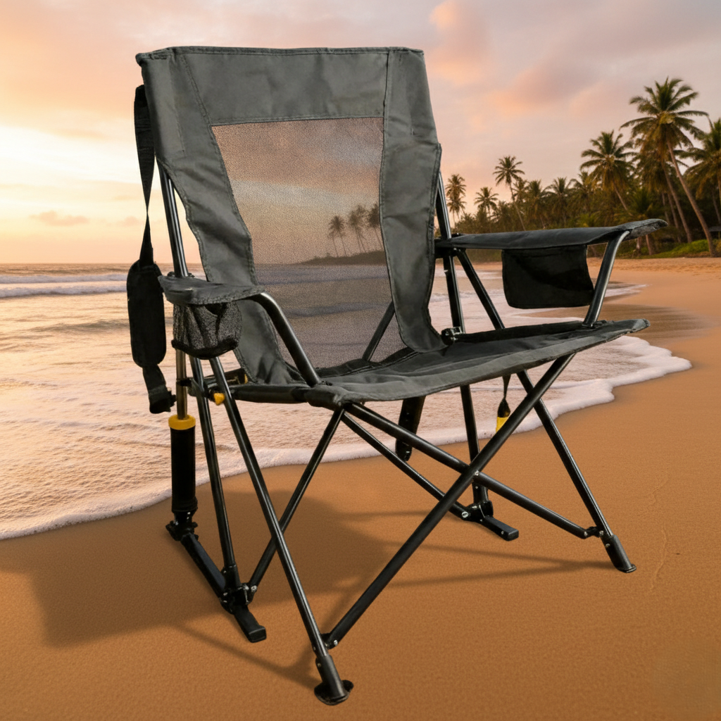 Portable Spring-Action Folding Rocking Camping Chair, Heavy Duty Outdoor Chair with Cup Holder & Side Pocket