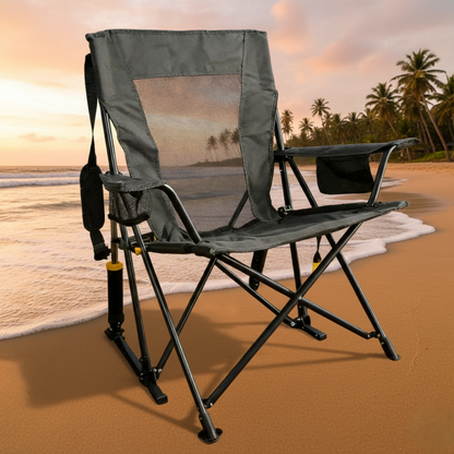 Portable Spring-Action Folding Rocking Camping Chair, Heavy Duty Outdoor Chair with Cup Holder & Side Pocket
