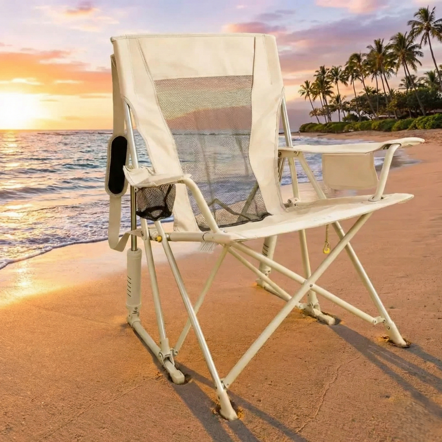 Portable Spring-Action Folding Rocking Camping Chair, Heavy Duty Outdoor Chair with Cup Holder & Side Pocket