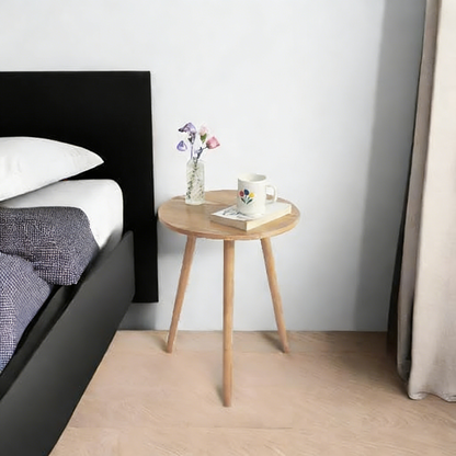 3-Legged Round Side Table, Natural Wood End Table for Small Spaces Indoor Outdoor
