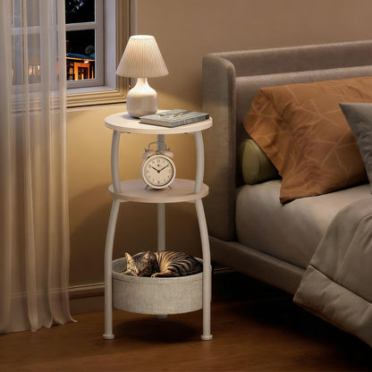Compact Round End Table with Storage, Multi-Purpose Nightstand for Small Spaces