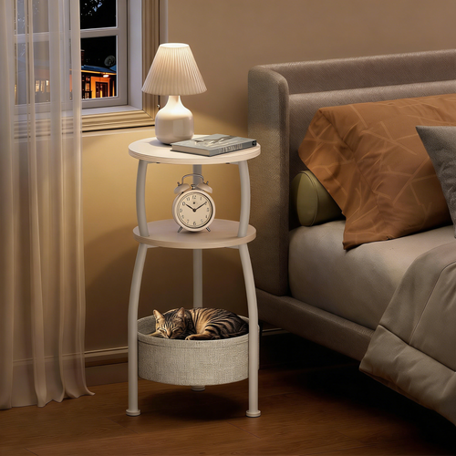 Compact Round End Table with Storage, Multi-Purpose Nightstand for Small Spaces