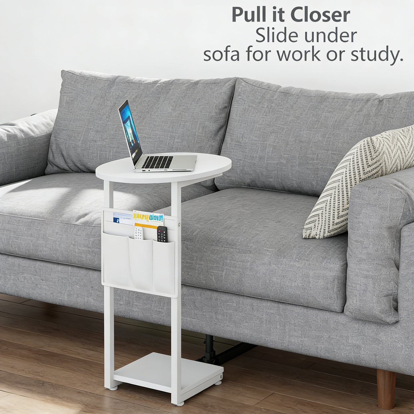 C-Shaped Slide Under Sofa Side Table with Storage Pockets, Compact End Table for Living Room Bedroom