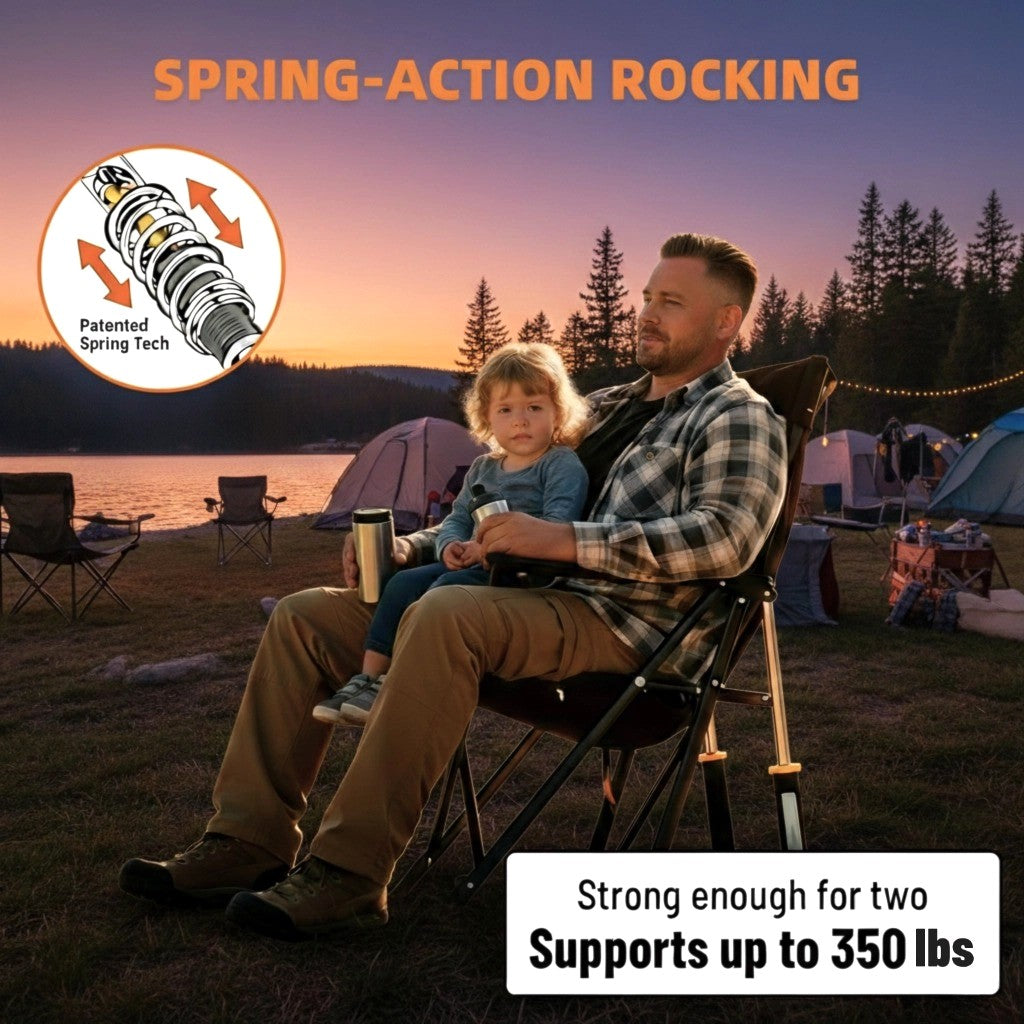 Portable Spring-Action Folding Rocking Camping Chair, Heavy Duty Outdoor Chair with Cup Holder & Side Pocket