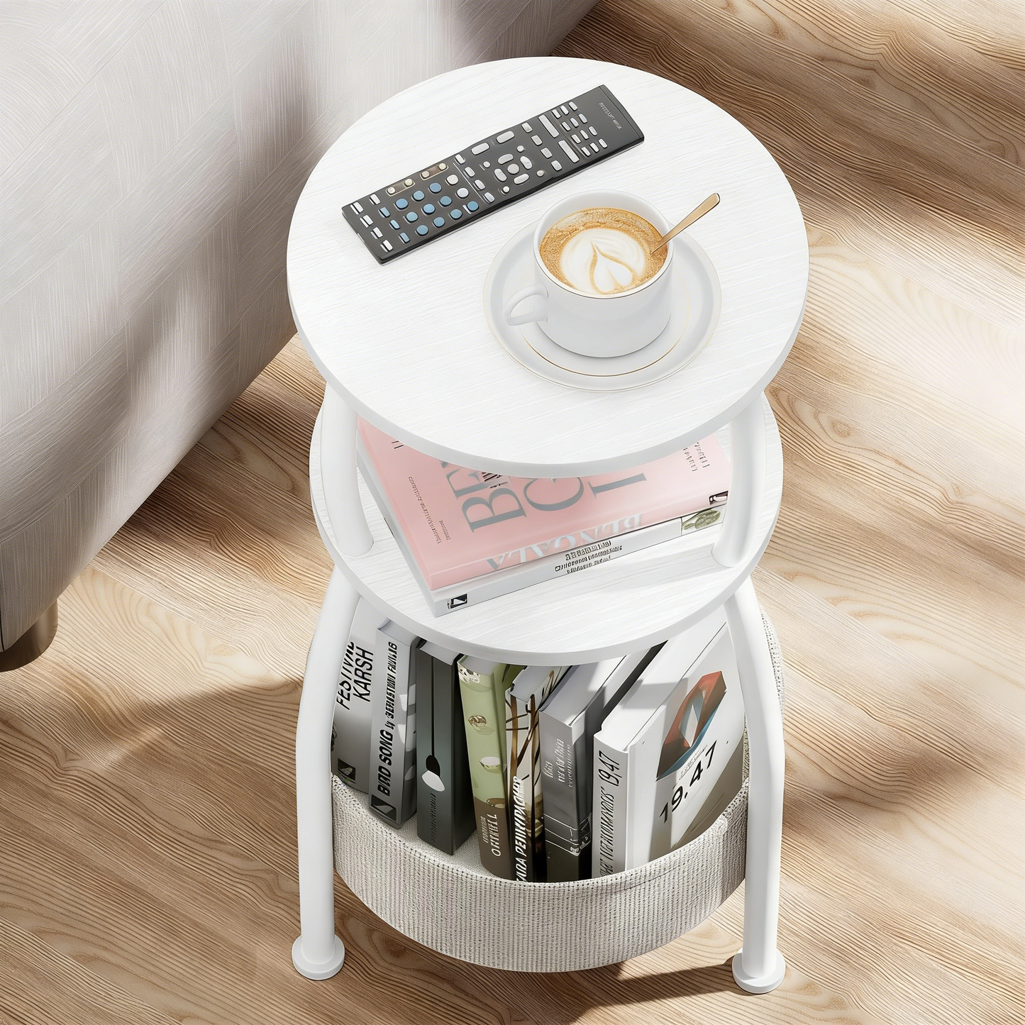 Compact Round End Table with Storage, Multi-Purpose Nightstand for Small Spaces