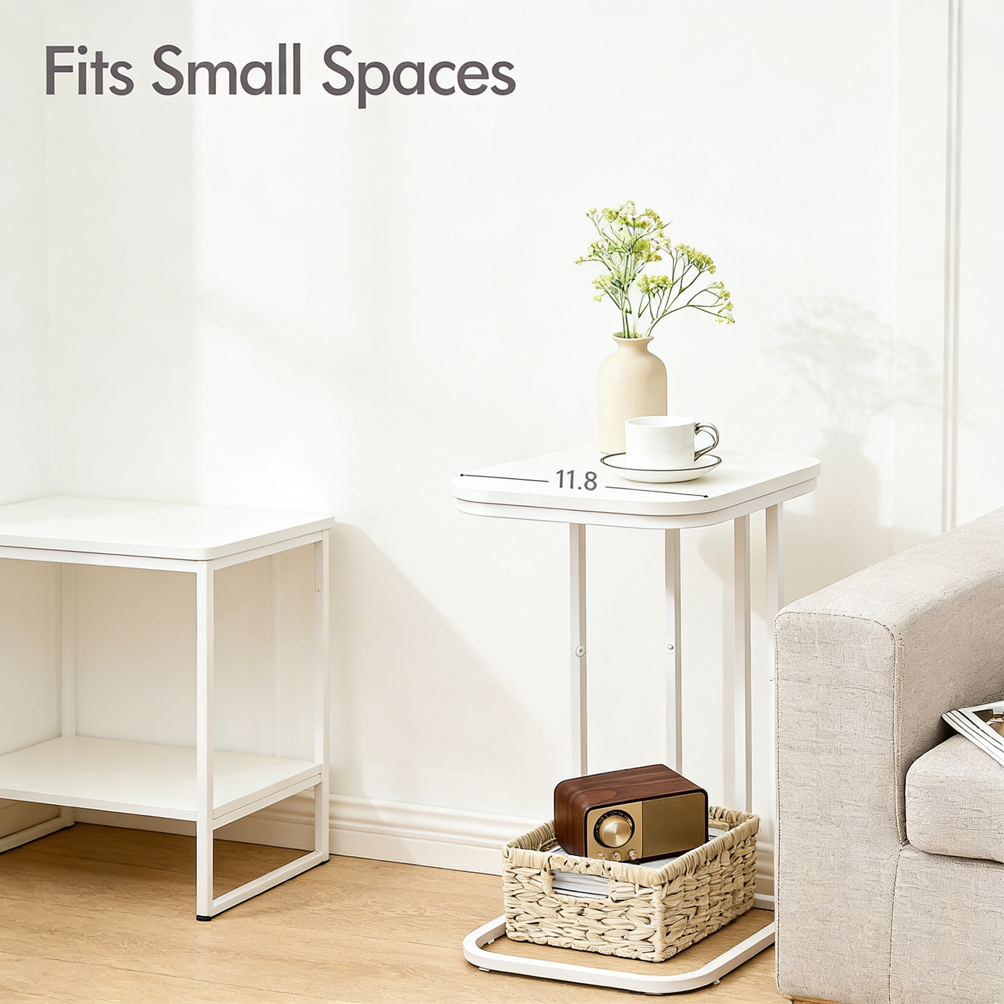 Narrow C Shaped End Table, Space Saving Sofa Side Table for Living Room Bedroom