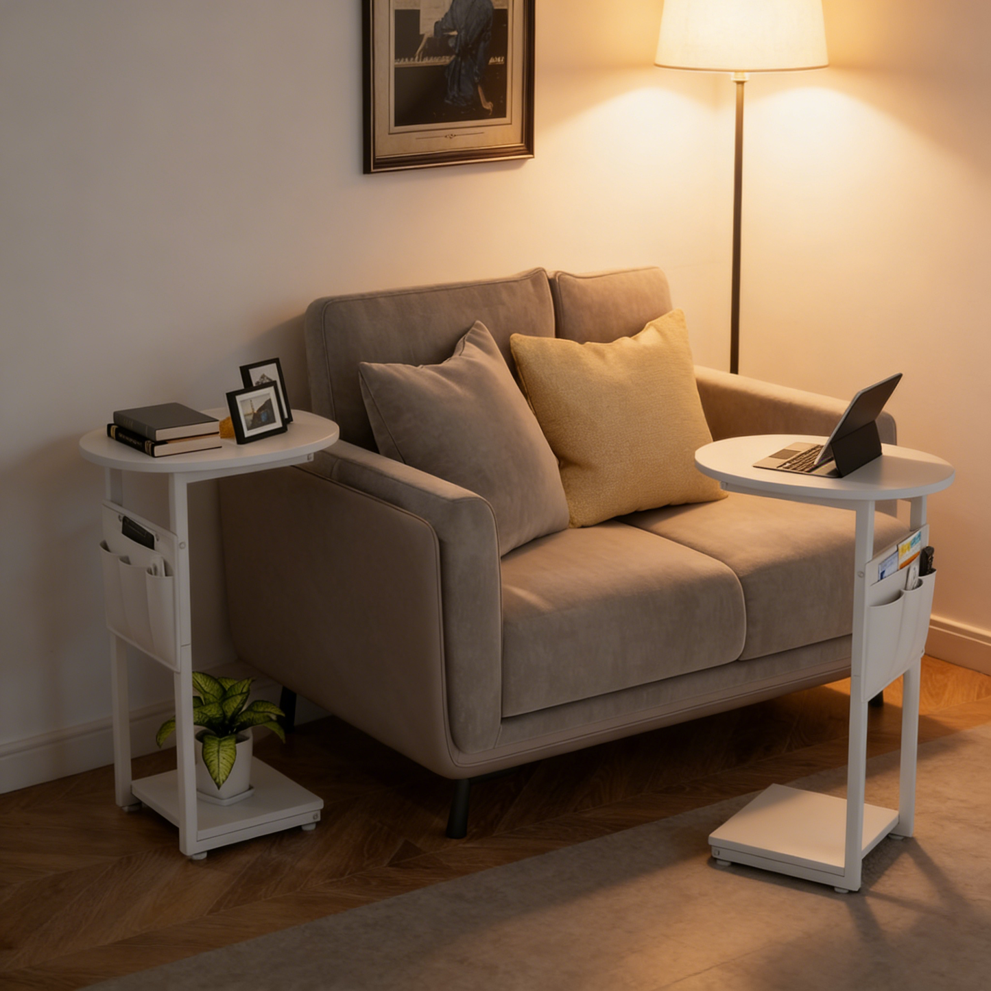 C-Shaped Slide Under Sofa Side Table with Storage Pockets, Compact End Table for Living Room Bedroom