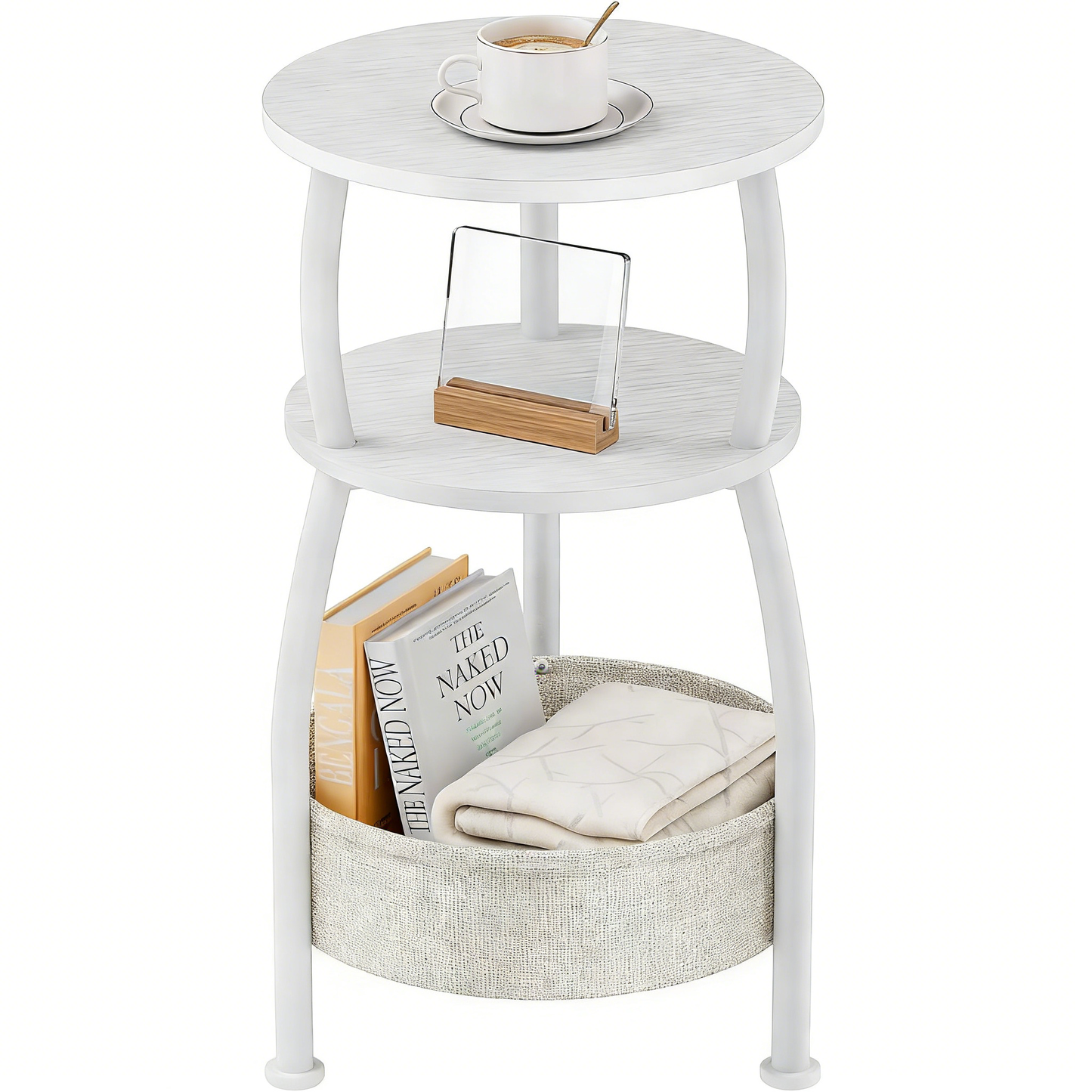 Compact Round End Table with Storage, Multi-Purpose Nightstand for Small Spaces