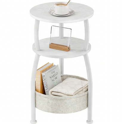 Compact Round End Table with Storage, Multi-Purpose Nightstand for Small Spaces