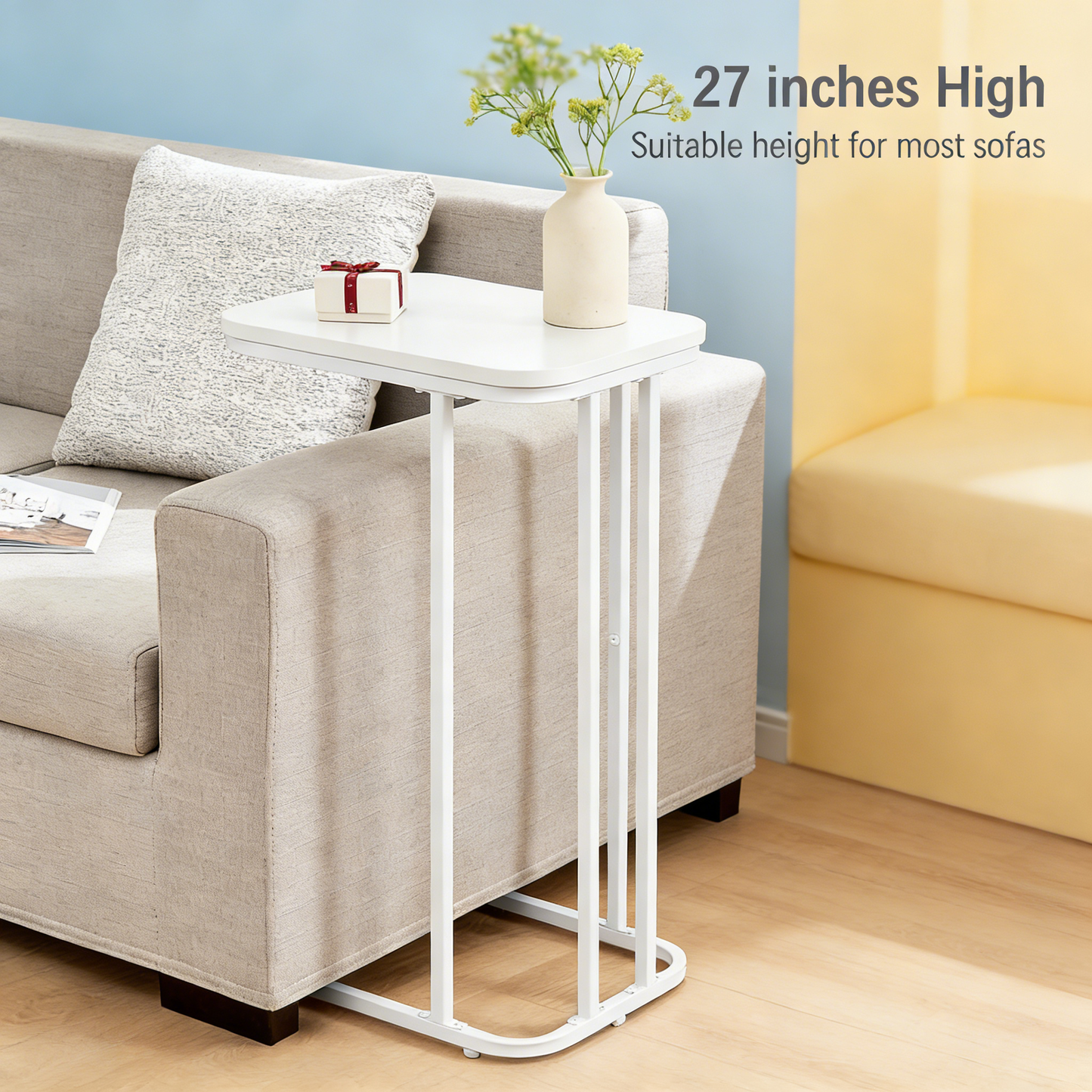 Narrow C Shaped End Table, Space Saving Sofa Side Table for Living Room Bedroom