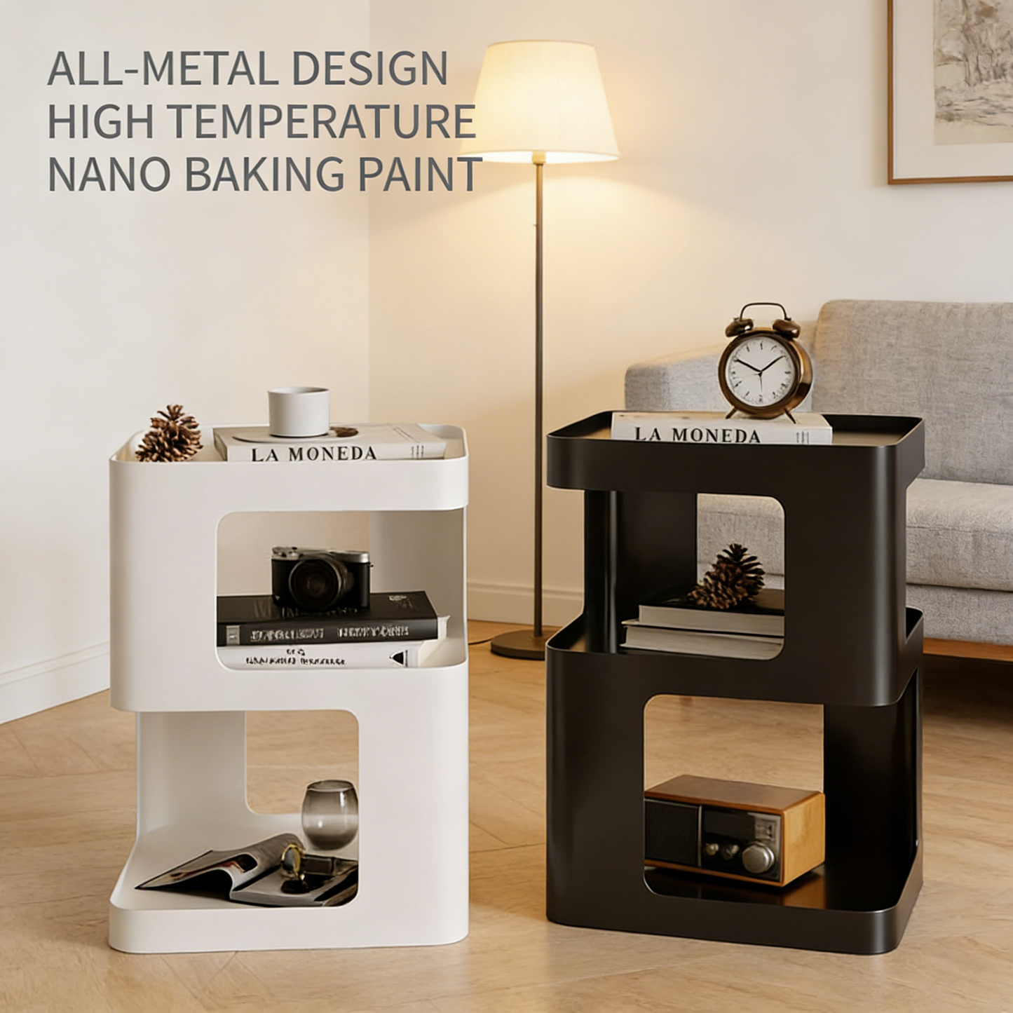 3-Tier All-Metal Side Table, No-Assembly Modern Accent Table with Matte Finish for Living Room Bedroom