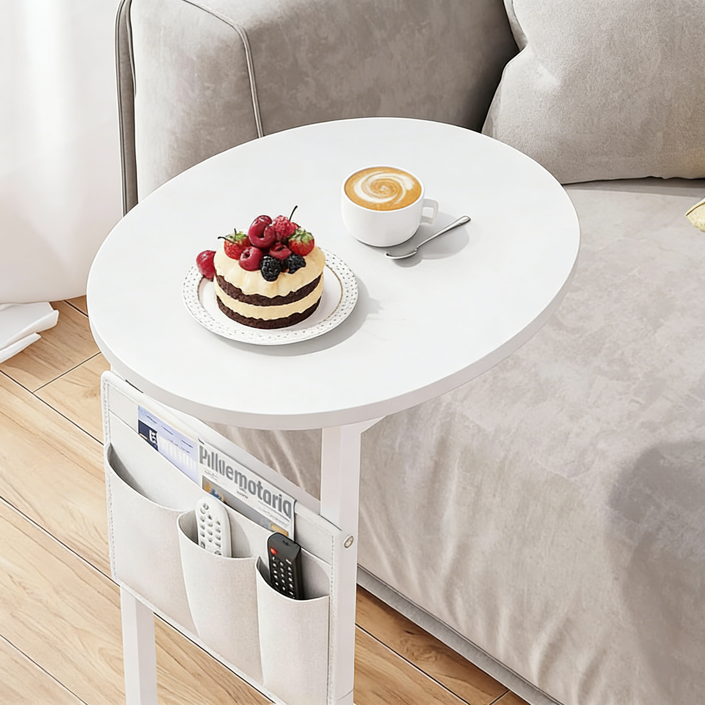 C-Shaped Slide Under Sofa Side Table with Storage Pockets, Compact End Table for Living Room Bedroom