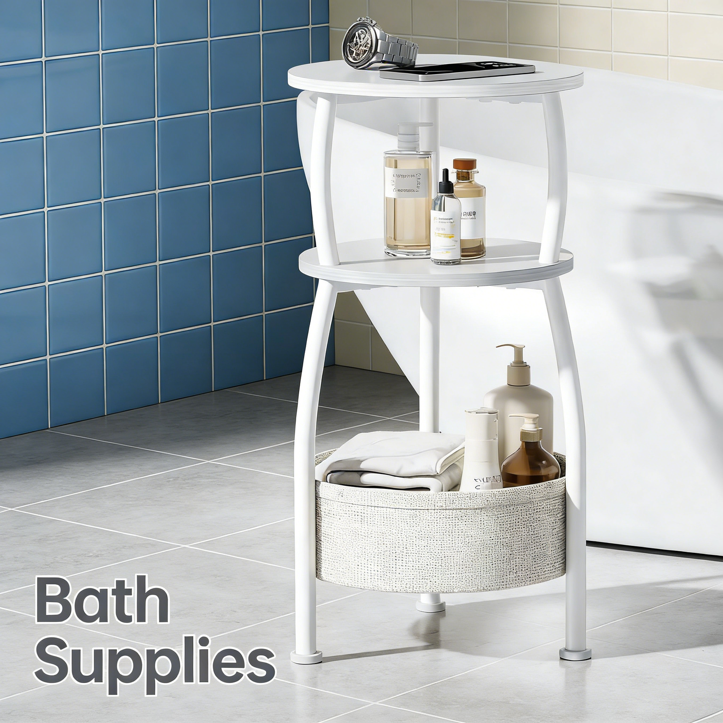 Compact Round End Table with Storage, Multi-Purpose Nightstand for Small Spaces