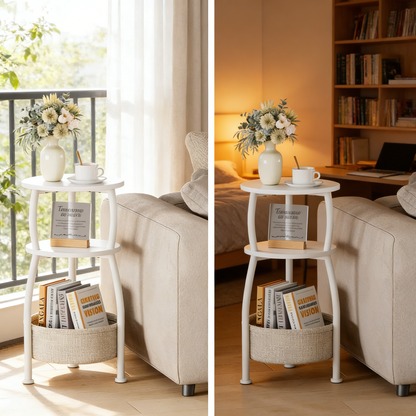 Compact Round End Table with Storage, Multi-Purpose Nightstand for Small Spaces