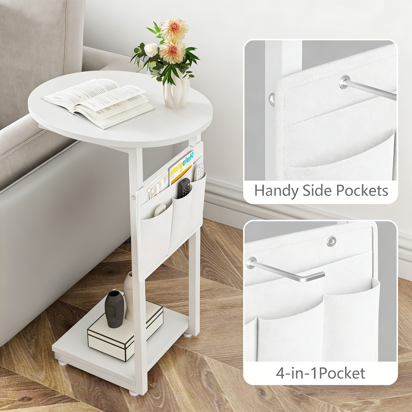 C-Shaped Slide Under Sofa Side Table with Storage Pockets, Compact End Table for Living Room Bedroom