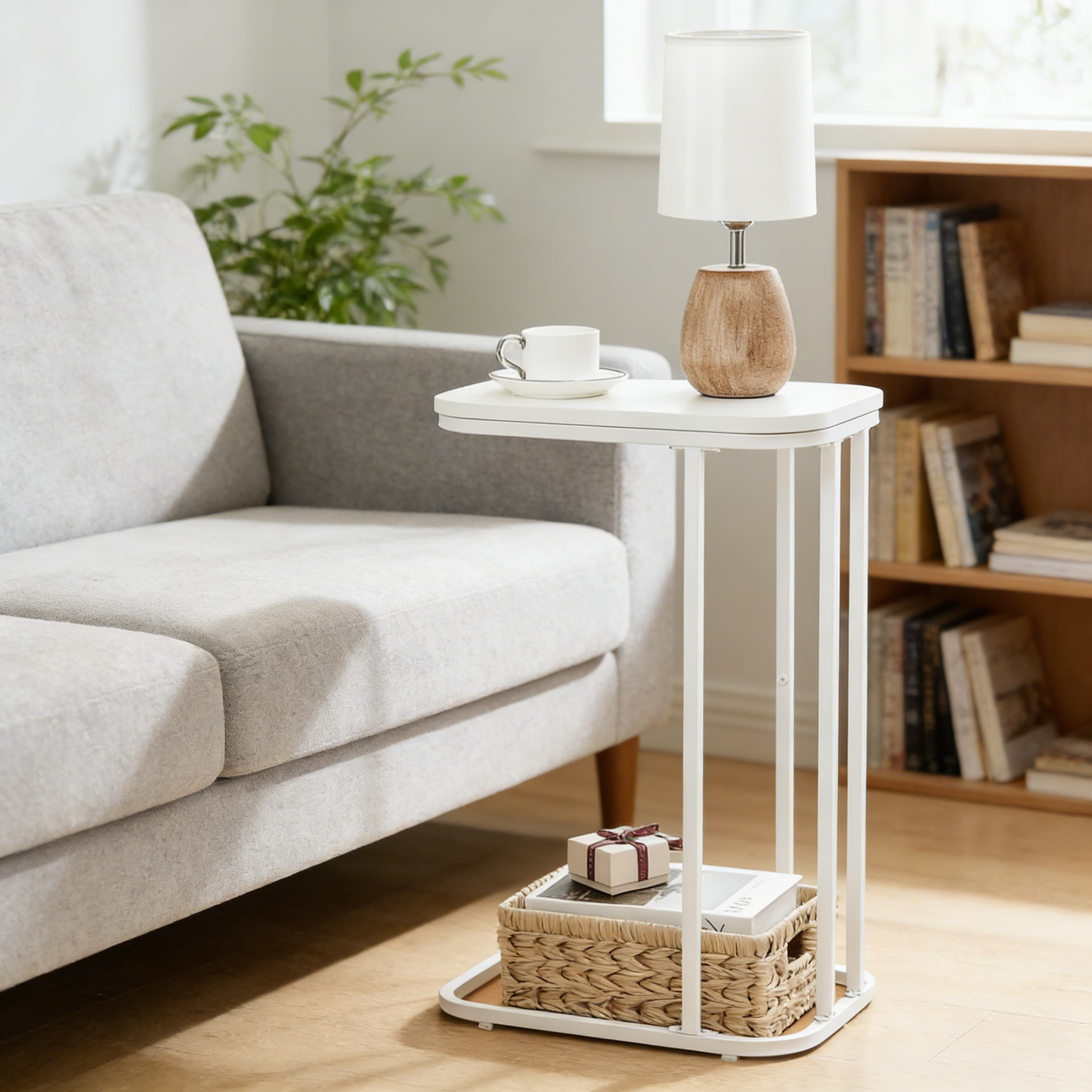 Narrow C Shaped End Table, Space Saving Sofa Side Table for Living Room Bedroom