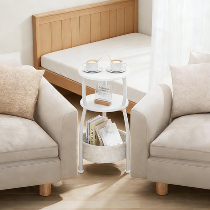 Compact Round End Table with Storage, Multi-Purpose Nightstand for Small Spaces