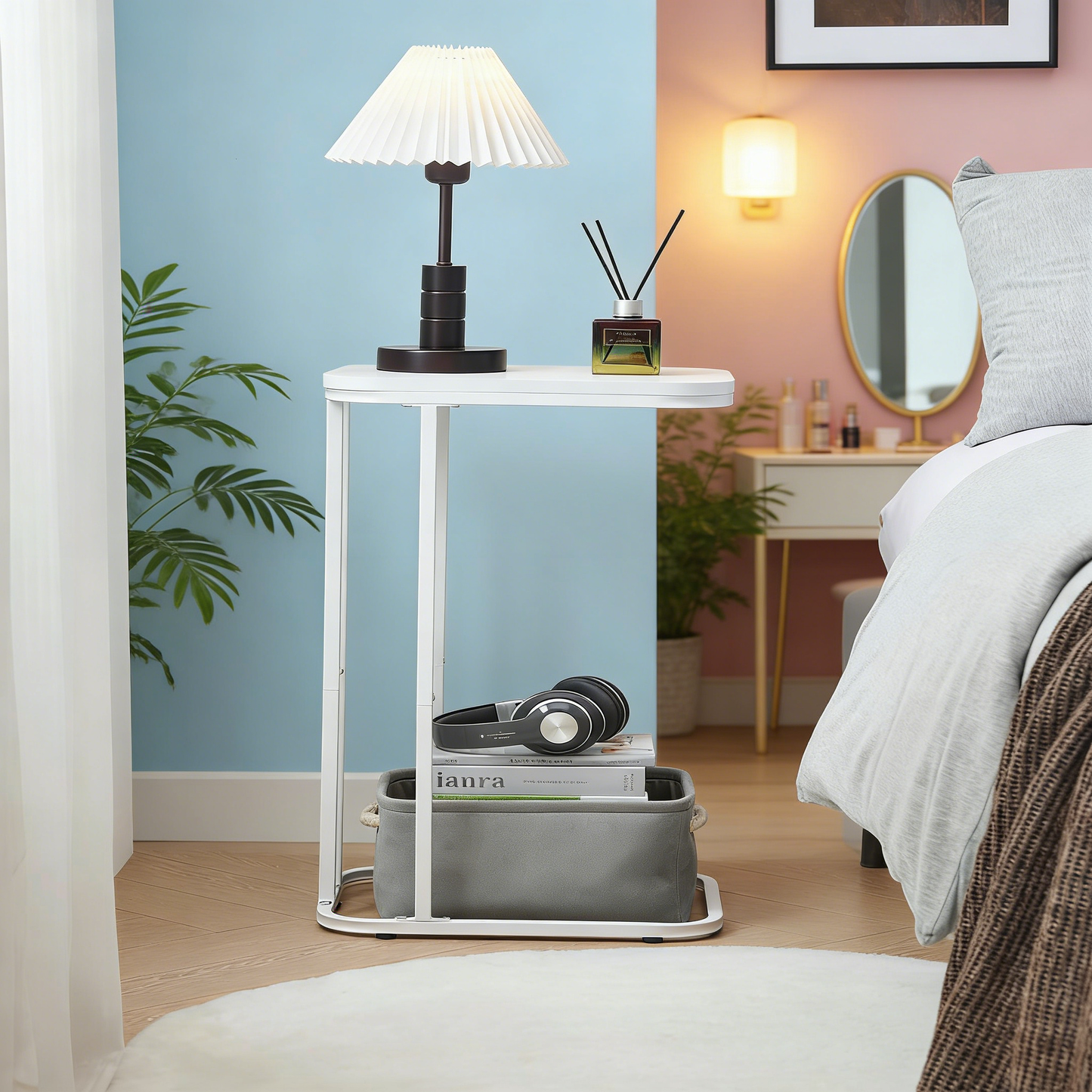 Narrow C Shaped End Table, Space Saving Sofa Side Table for Living Room Bedroom