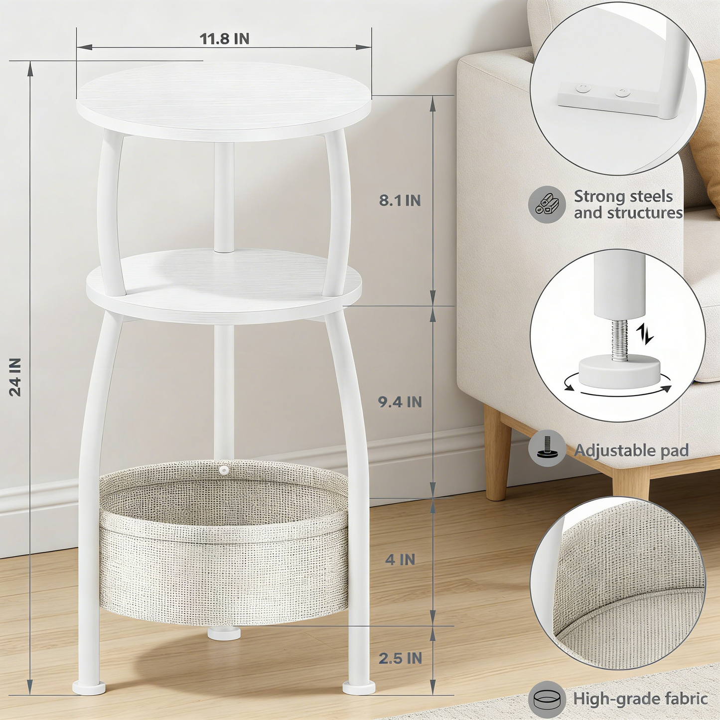 Compact Round End Table with Storage, Multi-Purpose Nightstand for Small Spaces
