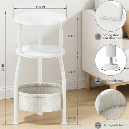 Compact Round End Table with Storage, Multi-Purpose Nightstand for Small Spaces