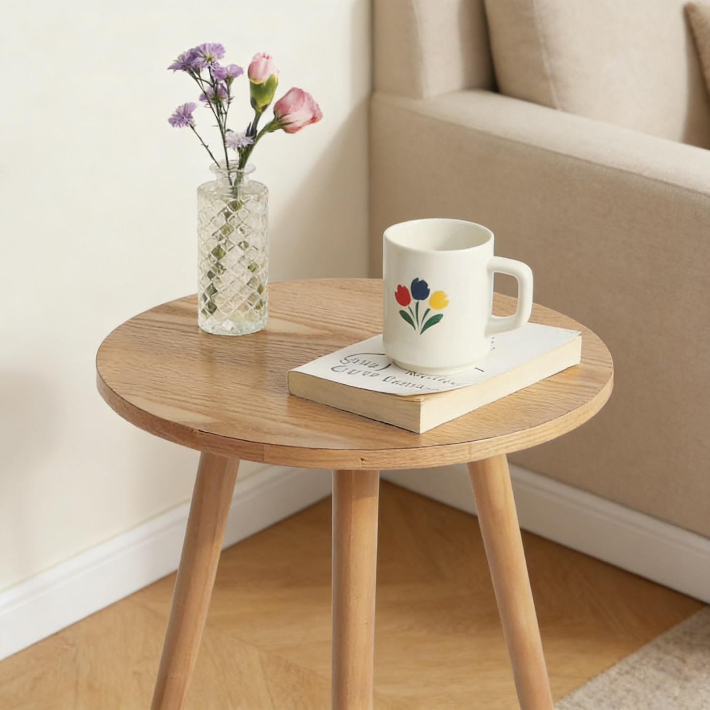 3-Legged Round Side Table, Natural Wood End Table for Small Spaces Indoor Outdoor