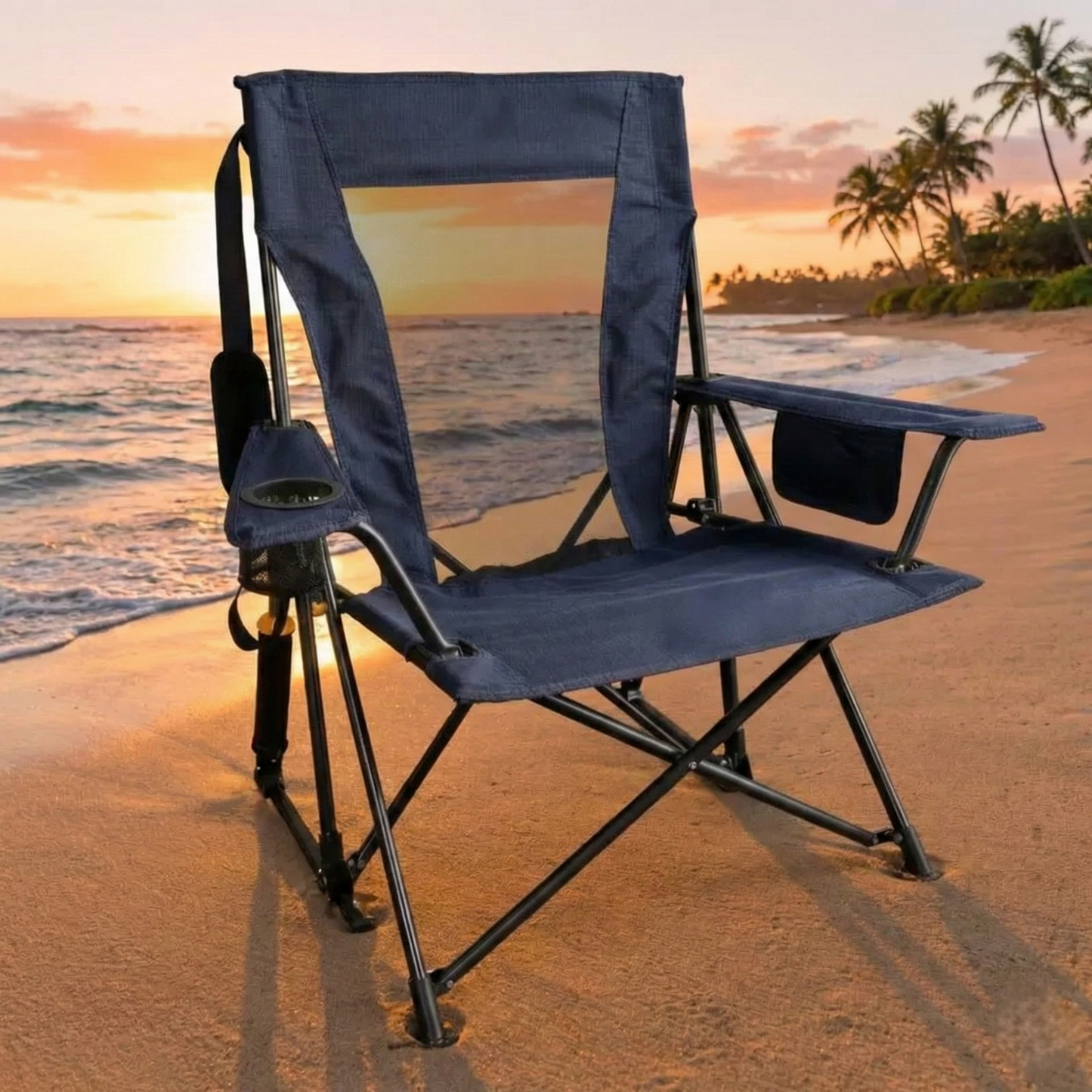 Portable Spring-Action Folding Rocking Camping Chair, Heavy Duty Outdoor Chair with Cup Holder & Side Pocket