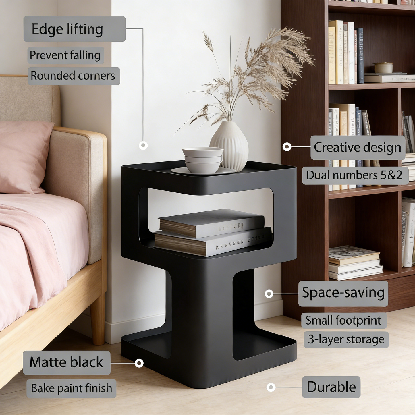 3-Tier All-Metal Side Table, No-Assembly Modern Accent Table with Matte Finish for Living Room Bedroom