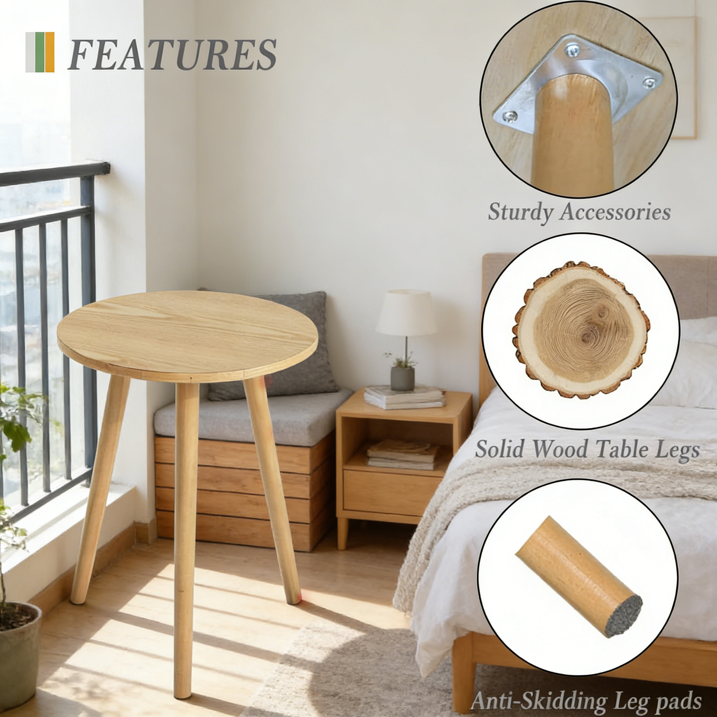 3-Legged Round Side Table, Natural Wood End Table for Small Spaces Indoor Outdoor